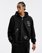 MEDM Cross Star Leather Patchwork Zip Up Hoodie