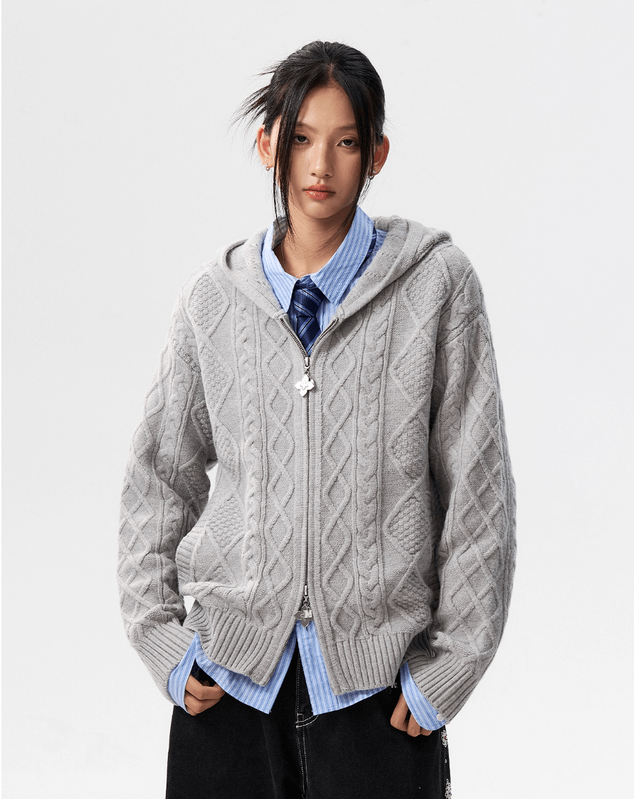 MEDM Hooded Cable Knit Zip Up Cardigan