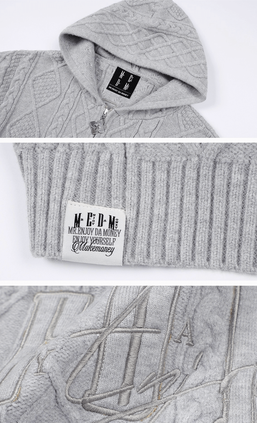 MEDM Hooded Cable Knit Zip Up Cardigan