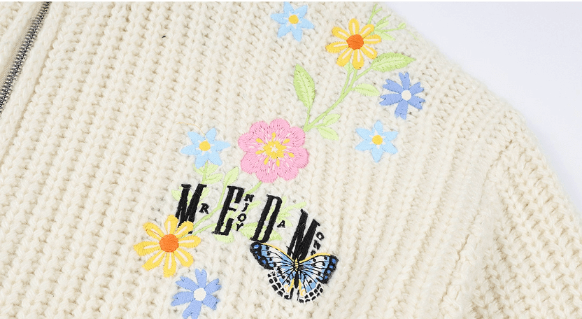 MEDM Frayed Hem Floral Embroidered Knit Cardigan