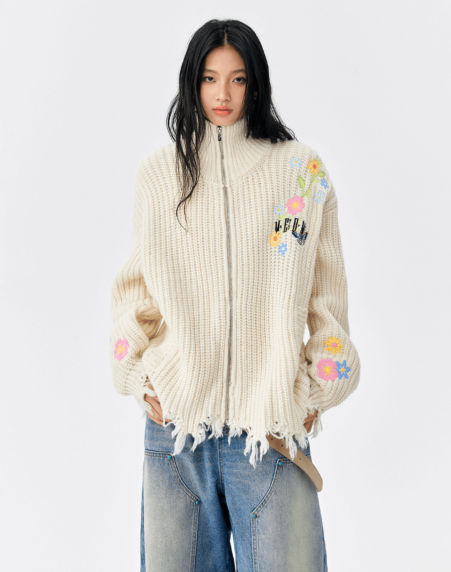 MEDM Frayed Hem Floral Embroidered Knit Cardigan