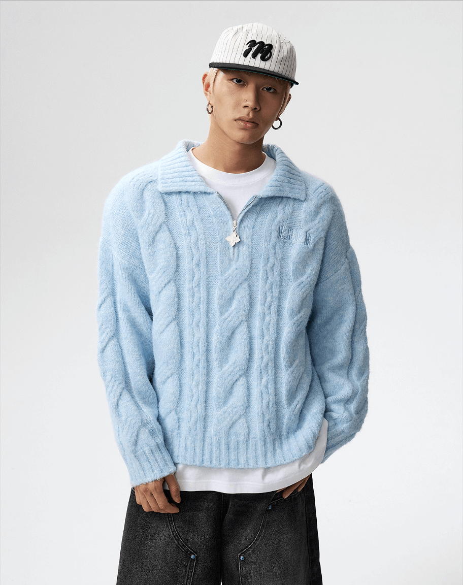 MEDM Cable Knit Half Zip Polo Sweater