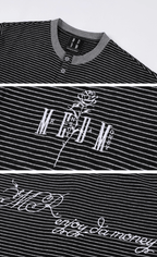 MEDM Rose Embroidered Striped Henley Long Sleeve Tee