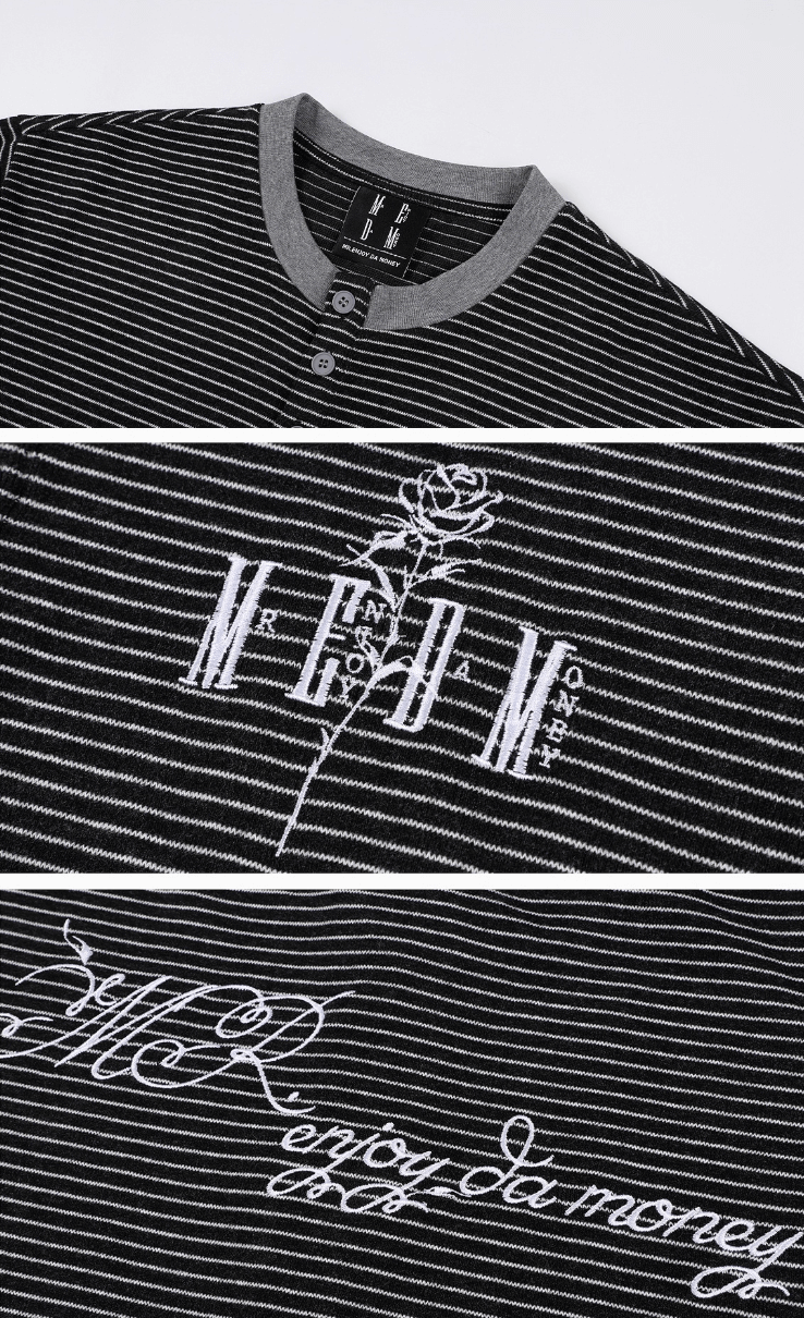 MEDM Rose Embroidered Striped Henley Long Sleeve Tee