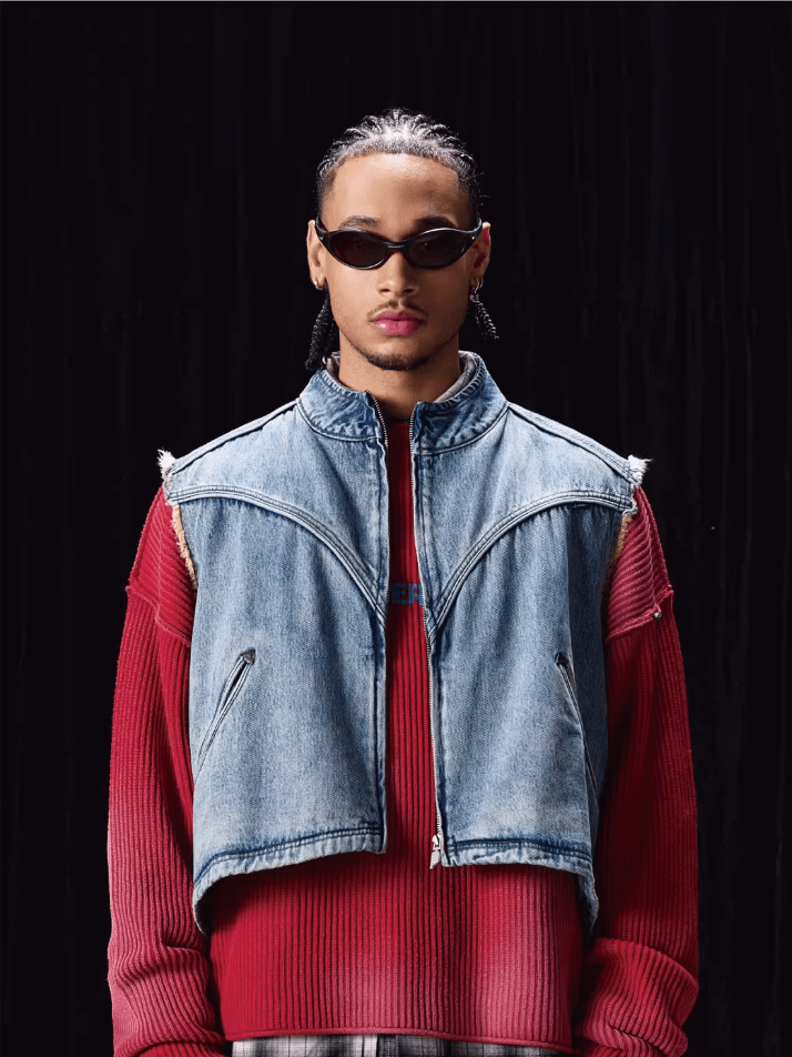 Labt Washed Denim Western Short Vest