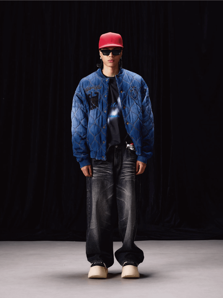Labt Washed Denim Quilted Baseball Jacket