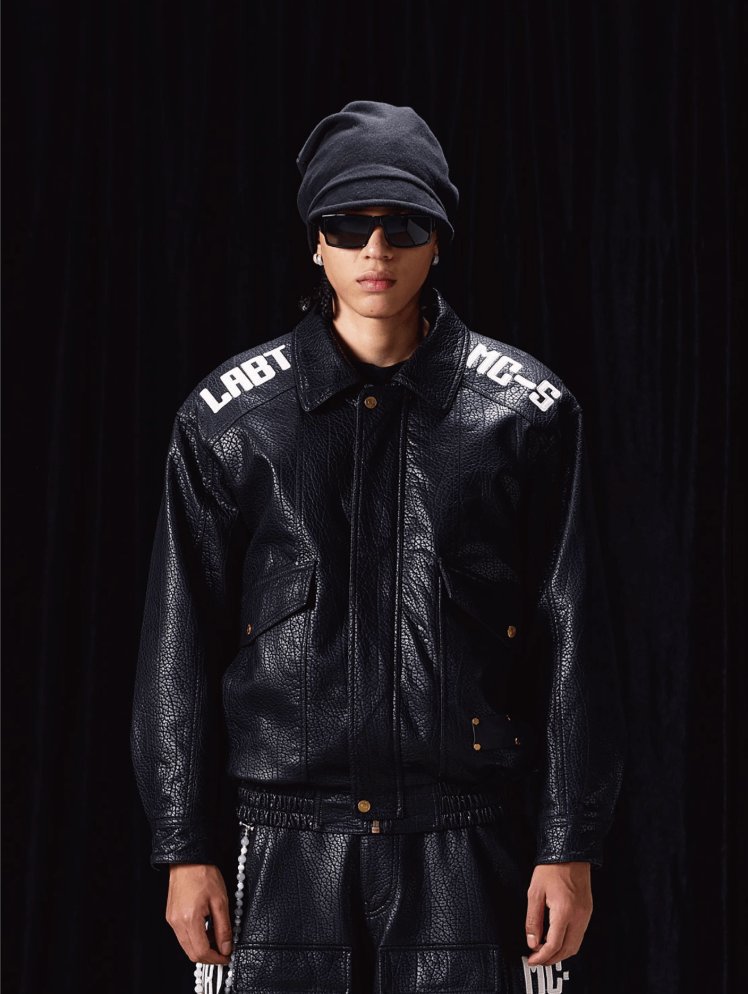 Labt Elephant Grain PU Leather Embroidered Patch Jacket