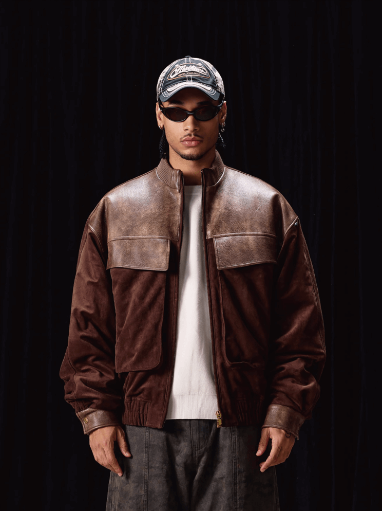 Labt PU Leather Suede Patchwork Pocket Jacket