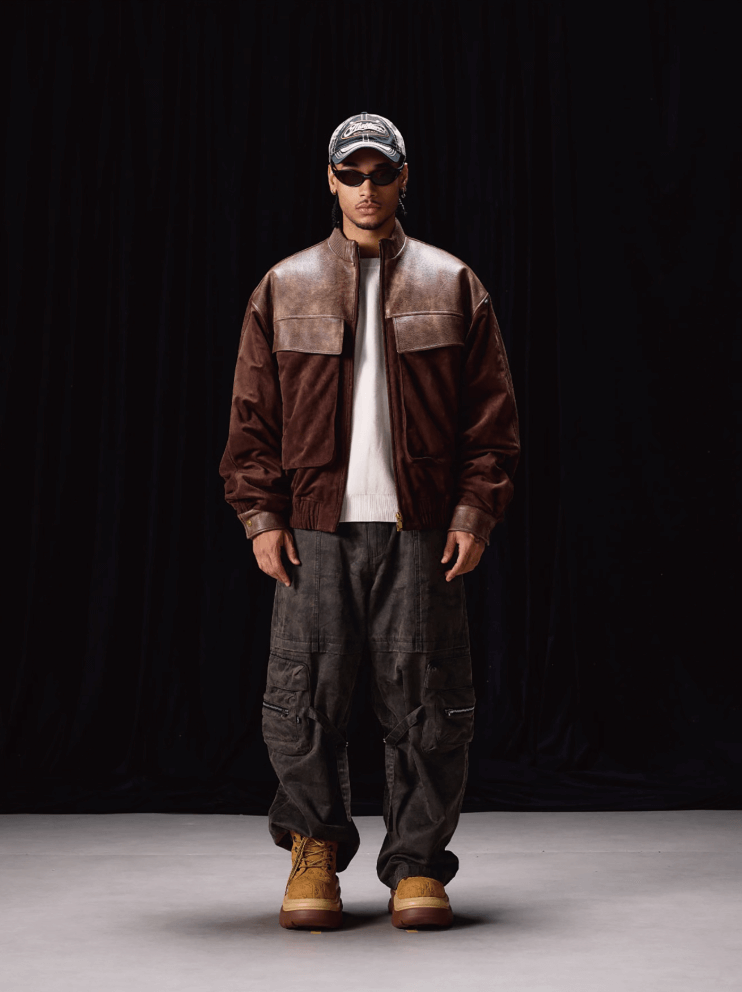 Labt PU Leather Suede Patchwork Pocket Jacket
