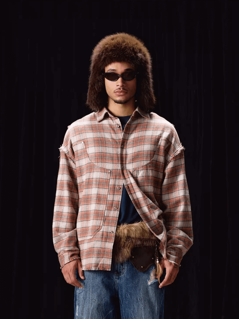 Labt Frayed Plaid Flannel Long Sleeve Shirt