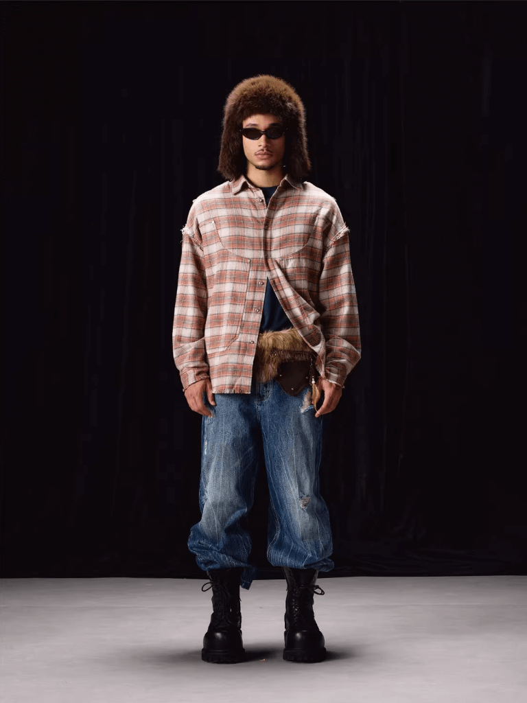 Labt Frayed Plaid Flannel Long Sleeve Shirt