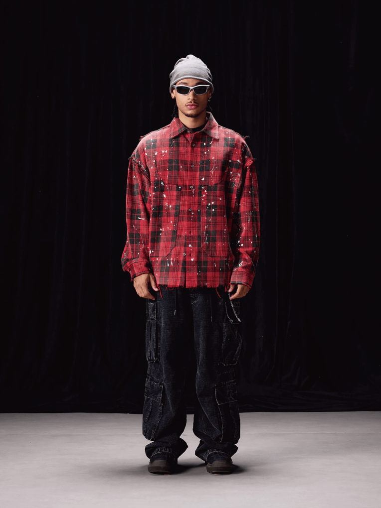 Labt Splash Ink Plaid Frayed Flannel Long Sleeve Shirt