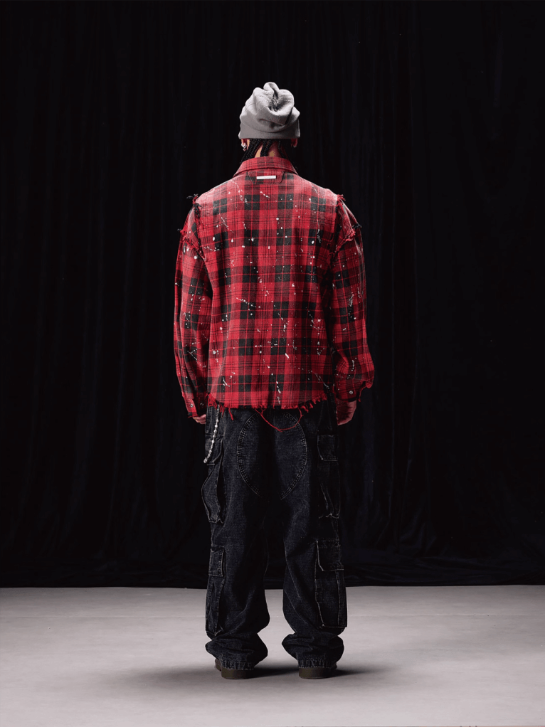 Labt Splash Ink Plaid Frayed Flannel Long Sleeve Shirt