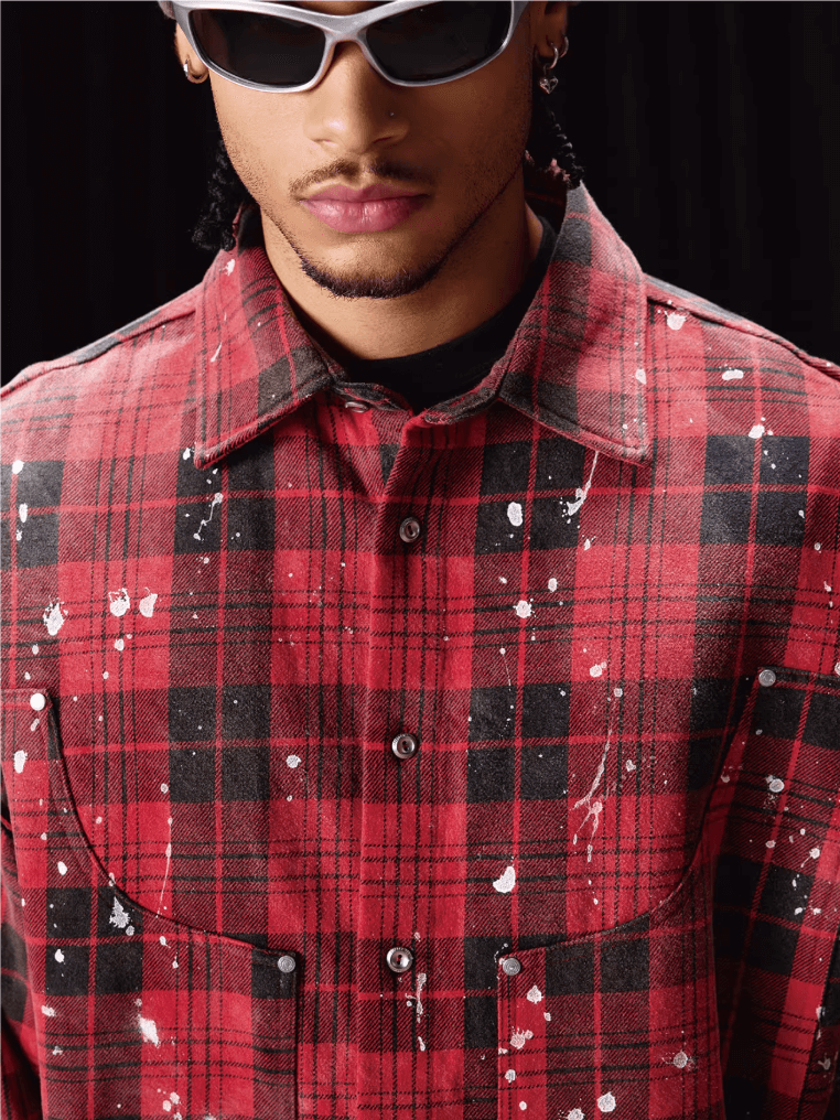 Labt Splash Ink Plaid Frayed Flannel Long Sleeve Shirt