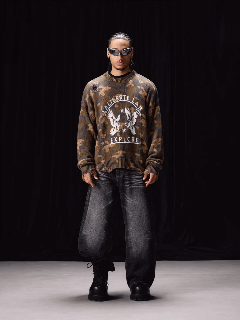 Labt Camouflage Distressed Knit Sweater