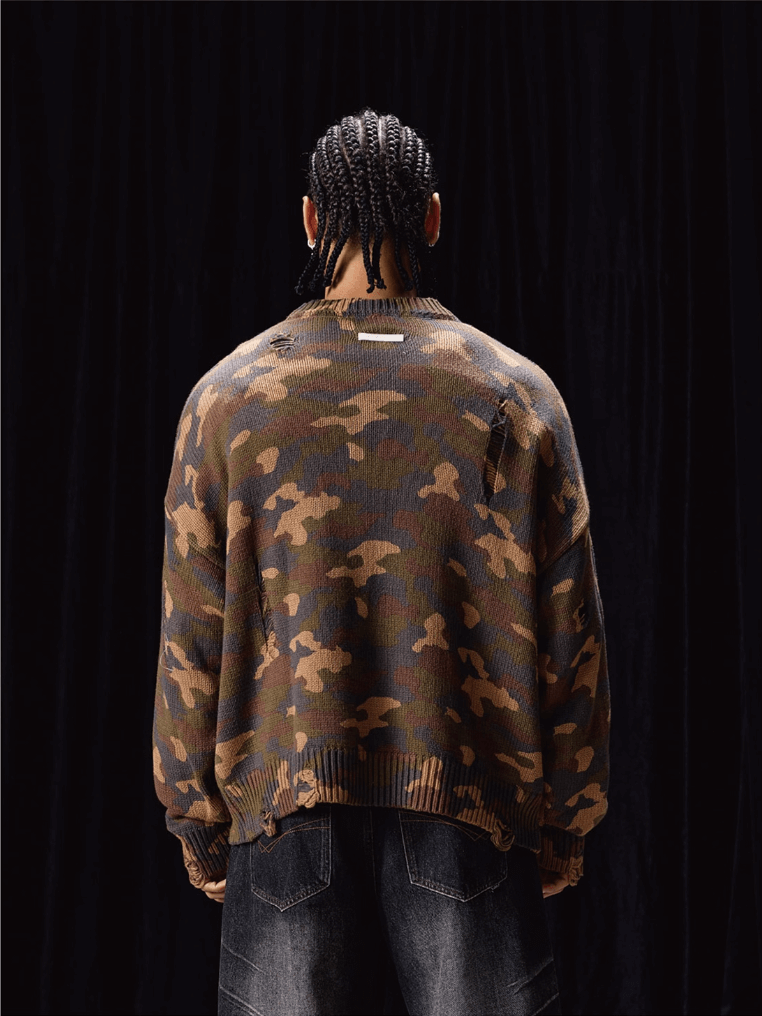 Labt Camouflage Distressed Knit Sweater