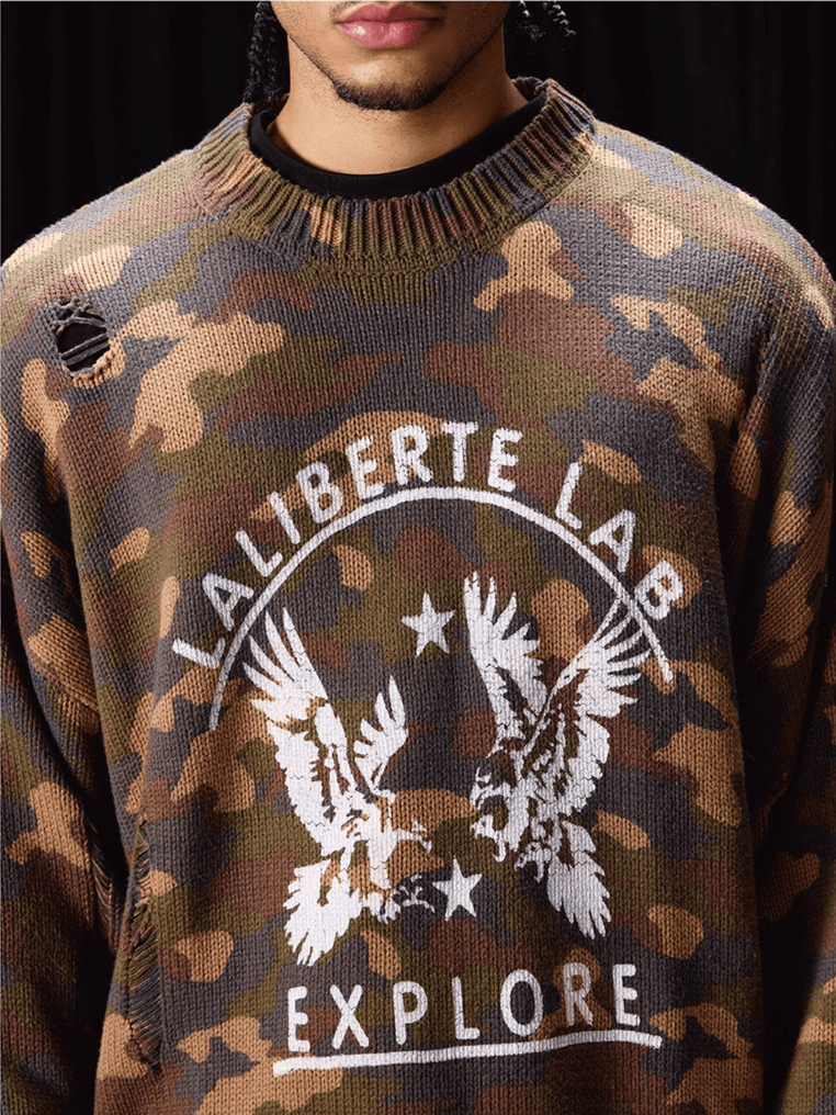 Labt Camouflage Distressed Knit Sweater