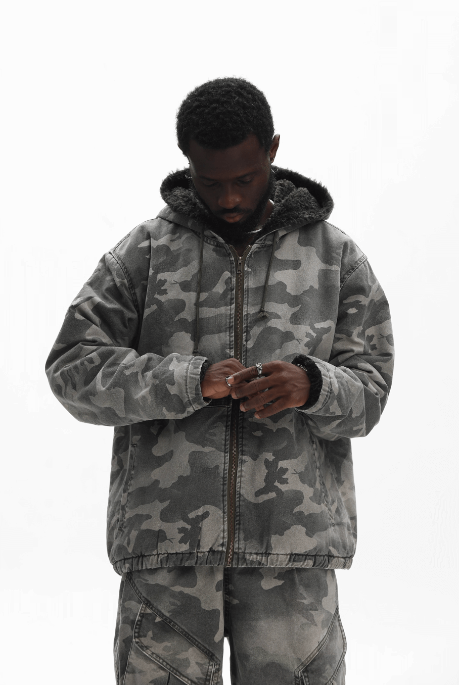 UNTILWERICH Washed Camouflage Hooded Jacket