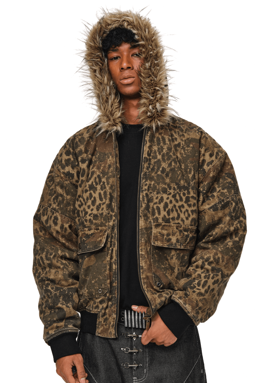 ANTIDOTE Washed Leopard Fur Hooded Work Jacket
