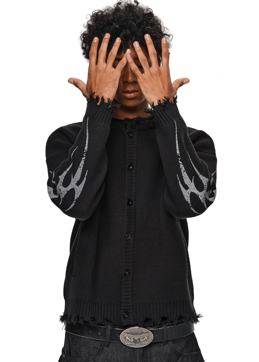 ANTIDOTE Distressed Frayed Tribal Print Knit Cardigan