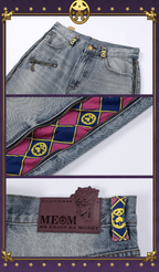 MEDM × JOJO Side Zipper Contrast Checkered Washed Jeans