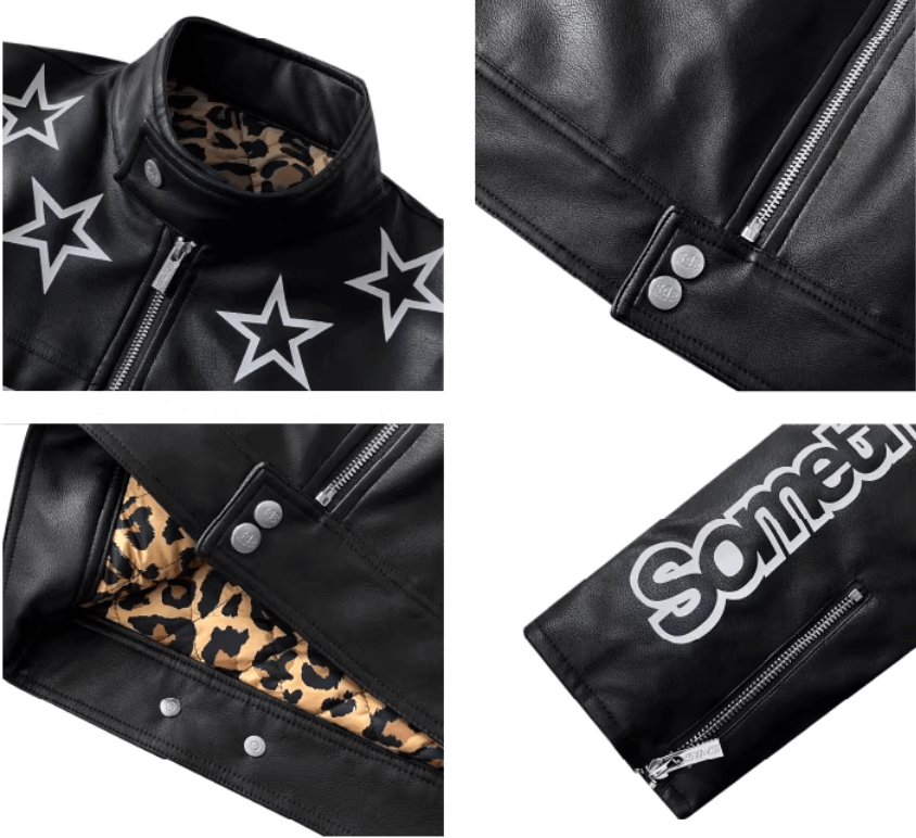 S45 Star Print PU Leather Leopard Lined Biker Jacket