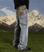S45 Leopard Patchwork Washed Flared Jeans