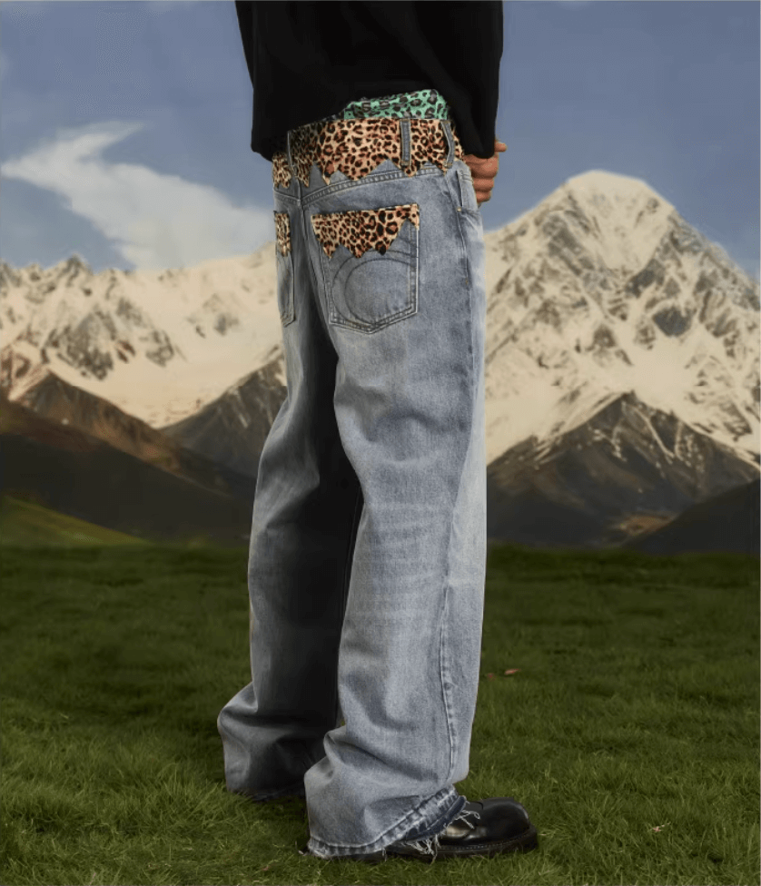 S45 Leopard Patchwork Washed Flared Jeans
