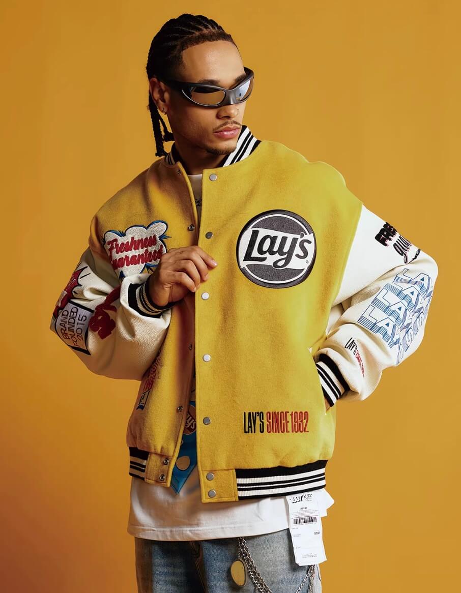 1807 × Lay’s Embroidered PU Leather Varsity Jacket