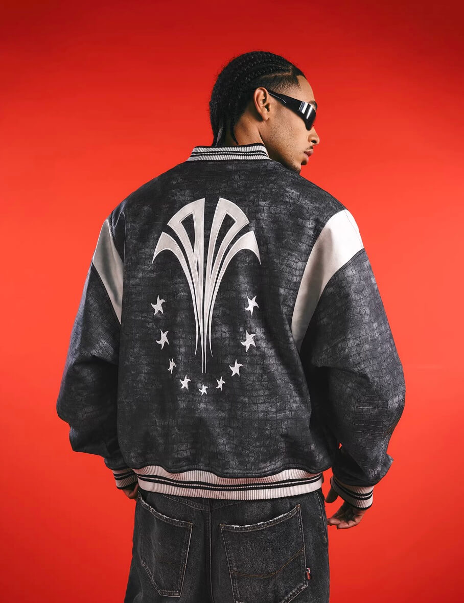 1807 In Here Crocodile PU Leather Varsity Jacket