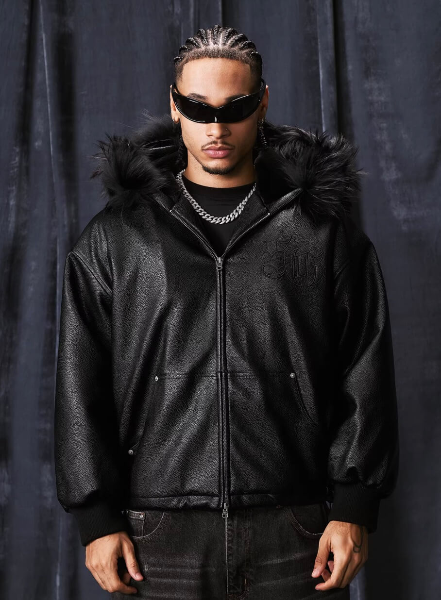 1807 Fur Collar PU Leather Hooded Jacket