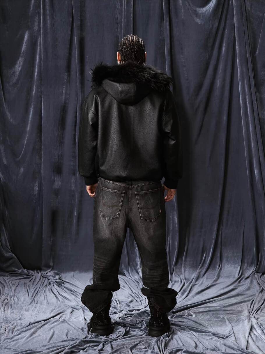 1807 Fur Collar PU Leather Hooded Jacket