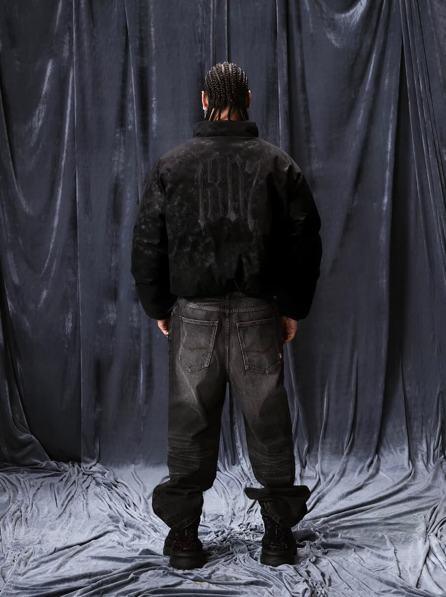 1807 Textured PU Leather Embroidered Down Jacket