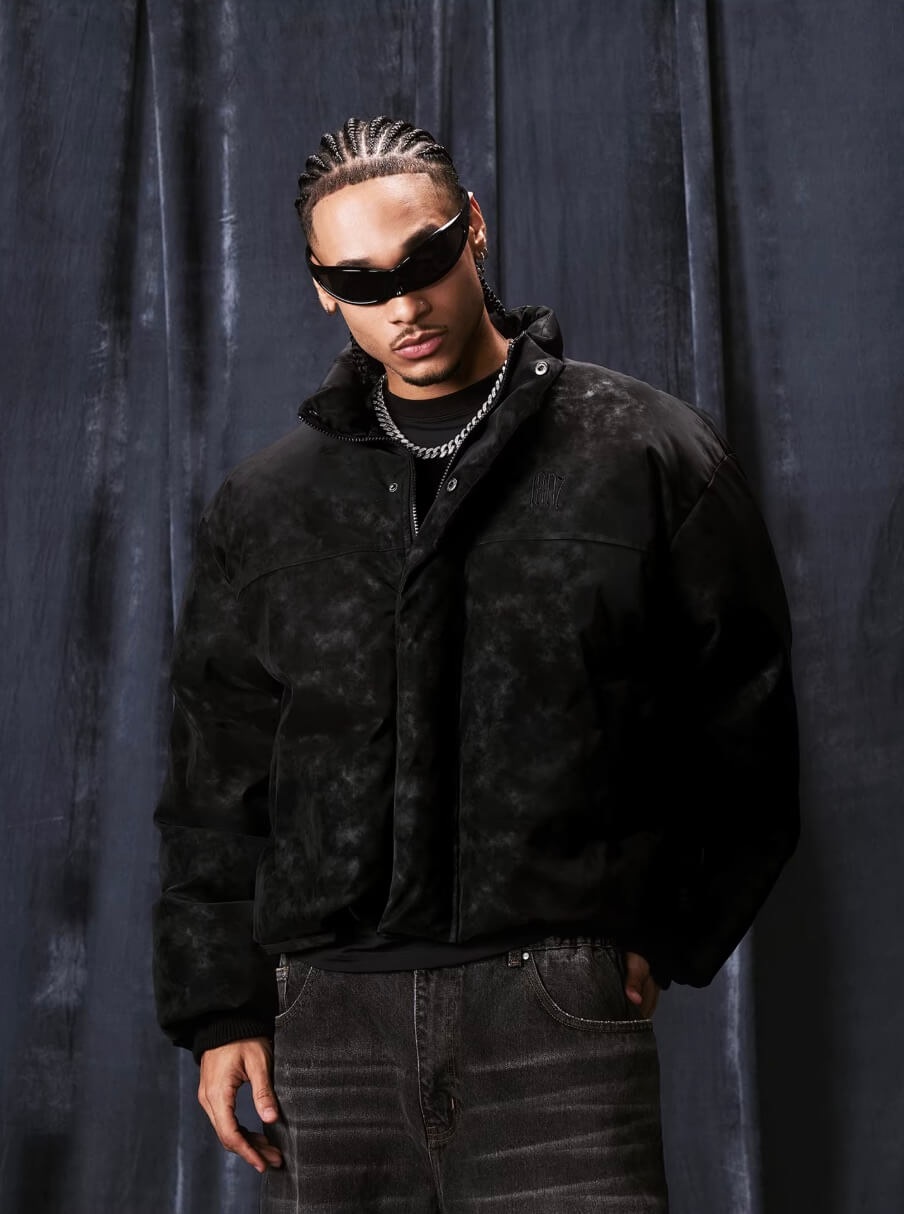 1807 Textured PU Leather Embroidered Down Jacket