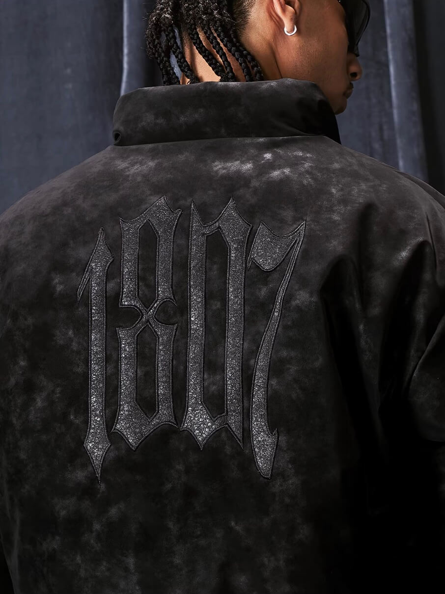 1807 Textured PU Leather Embroidered Down Jacket