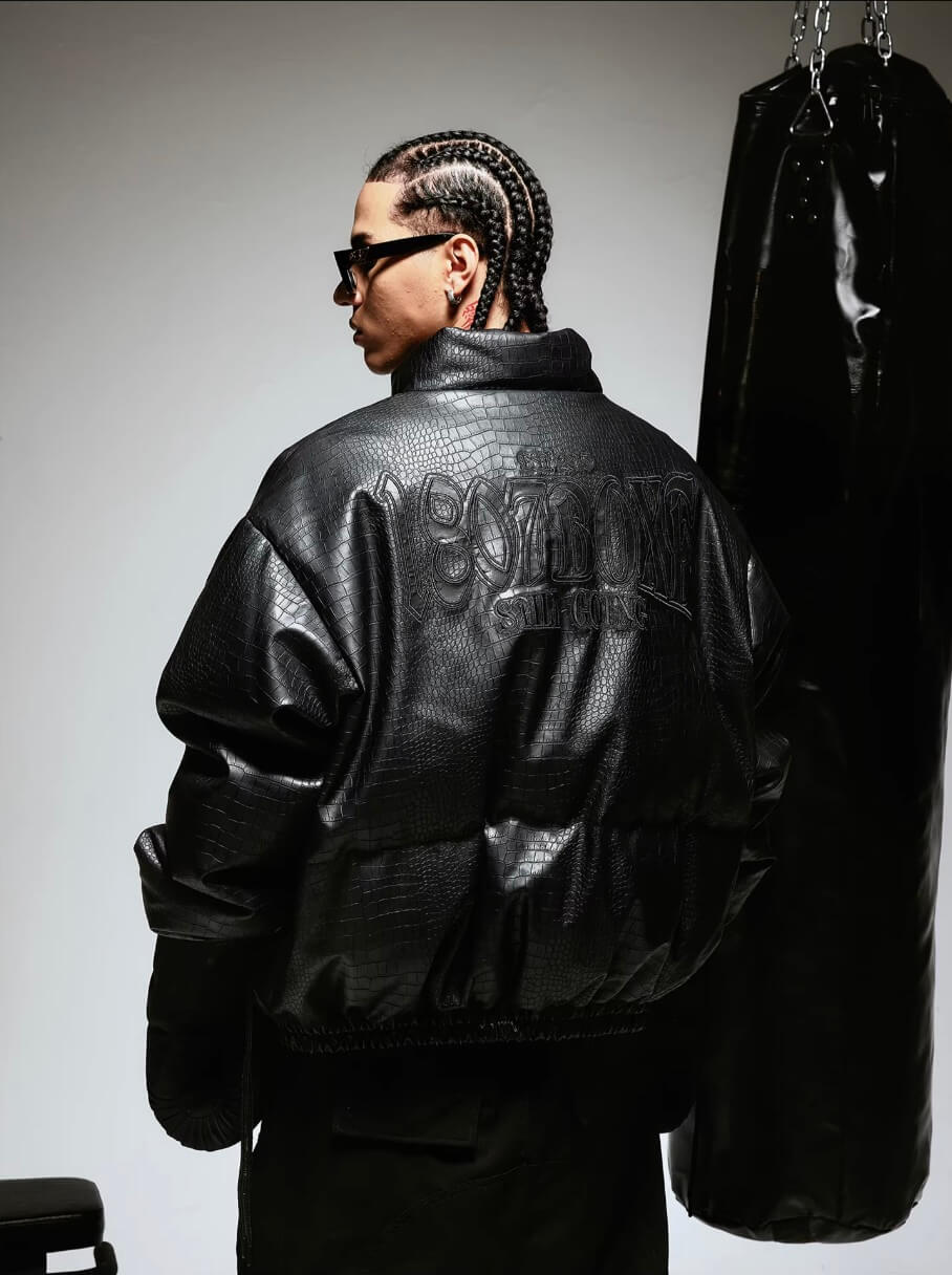 1807 Crocodile Embossed PU Leather Down Jacket