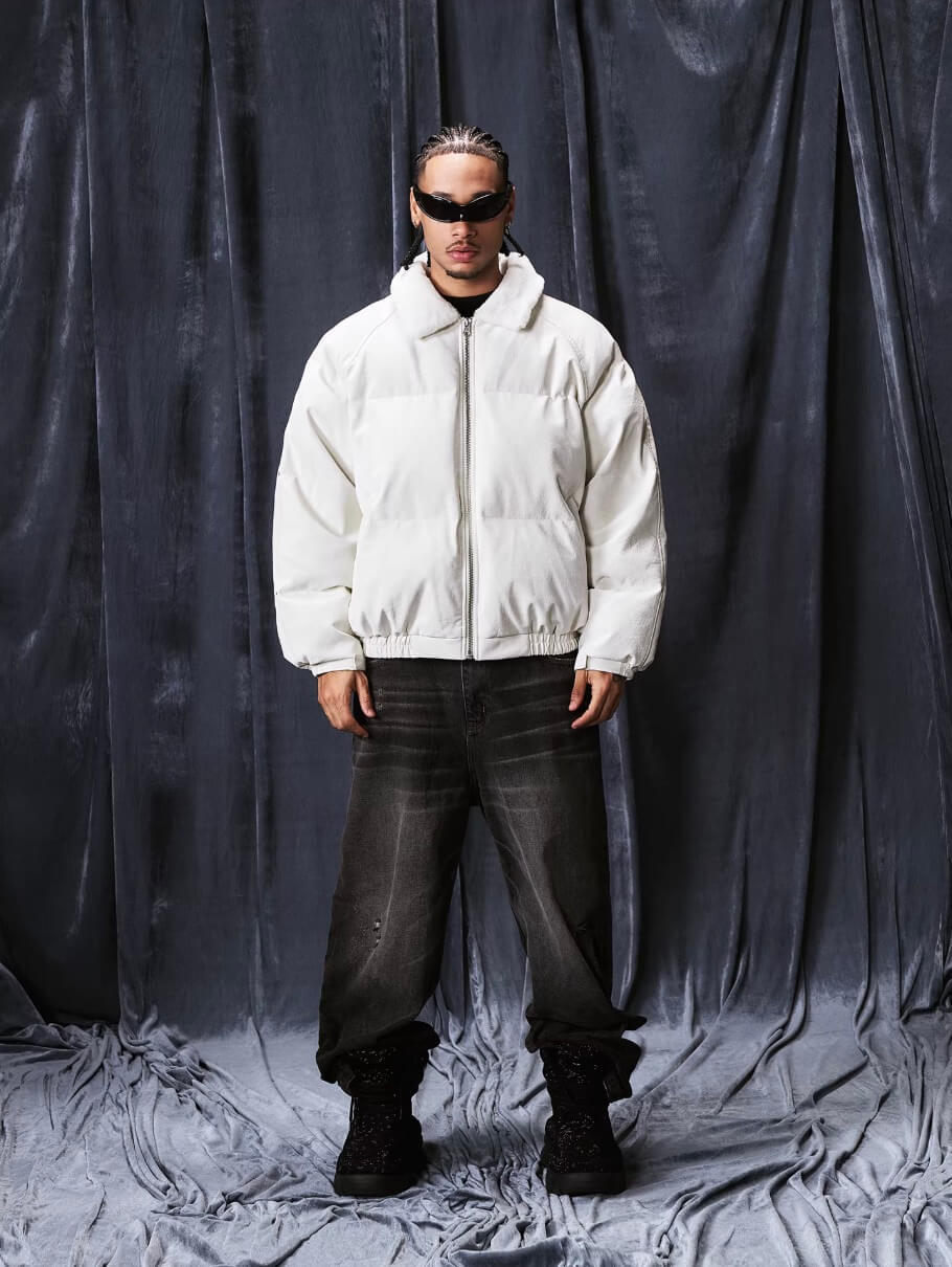 1807 Fur Collar PU Leather Down Jacket