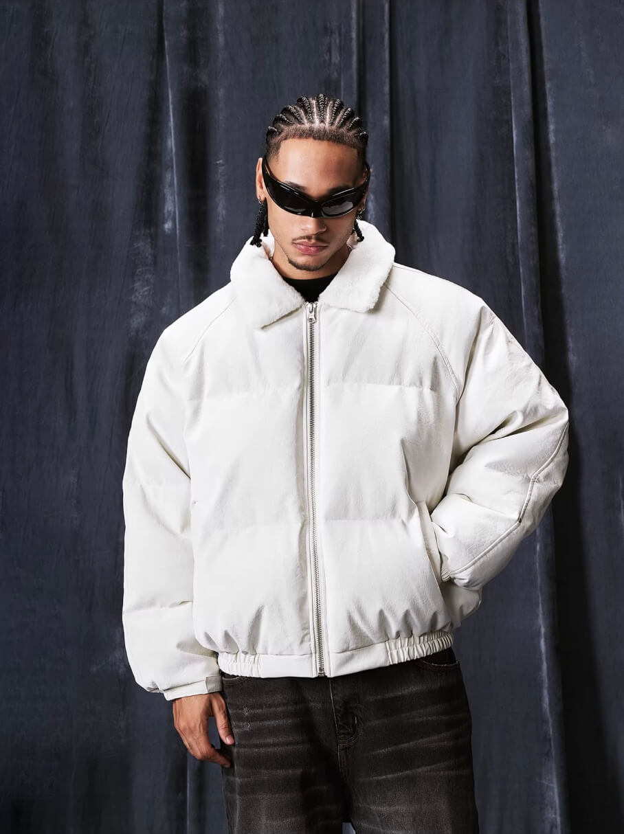 1807 Fur Collar PU Leather Down Jacket