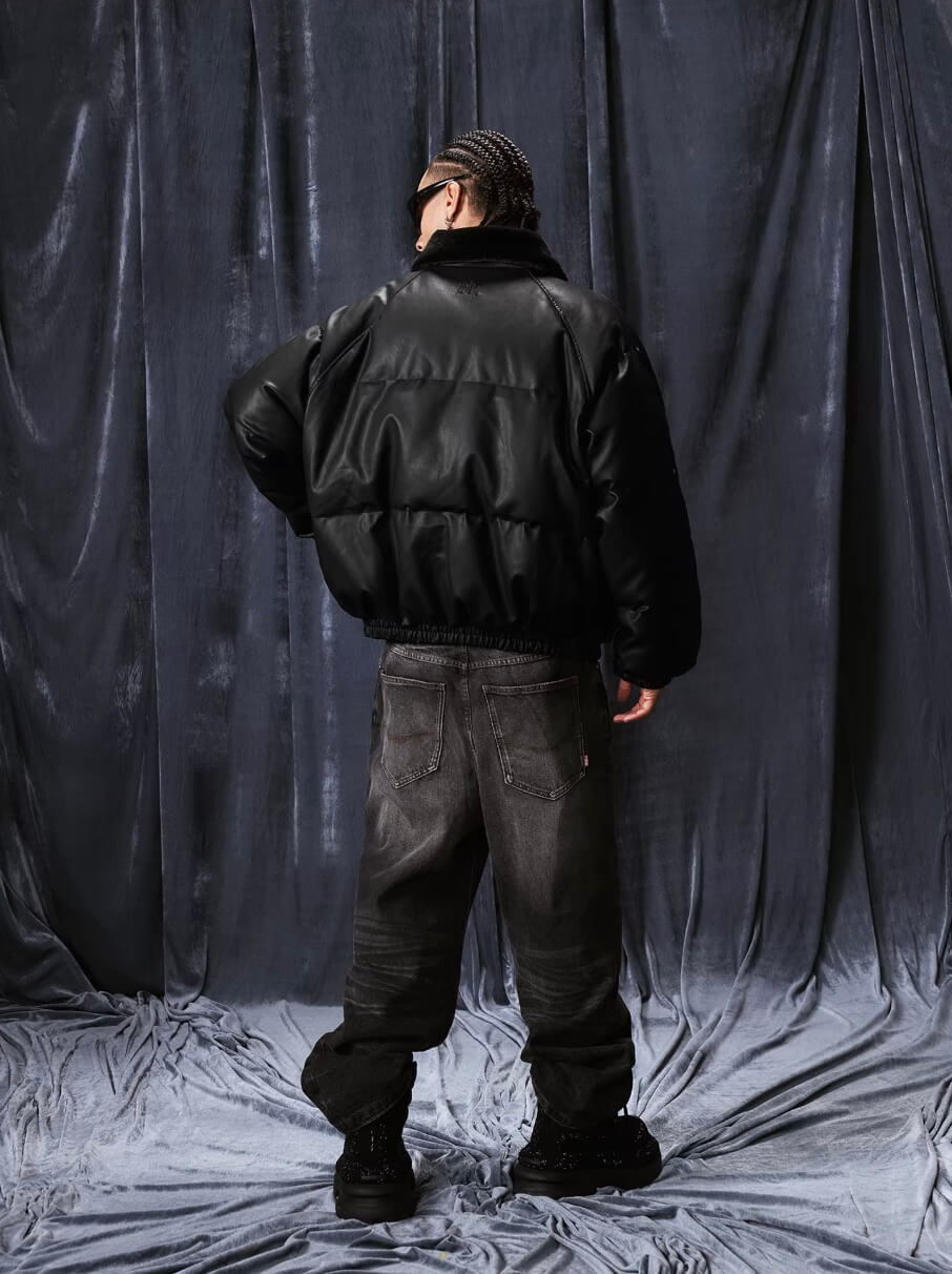 1807 Fur Collar PU Leather Down Jacket