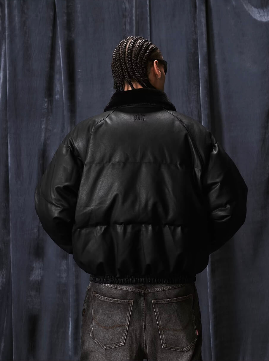 1807 Fur Collar PU Leather Down Jacket