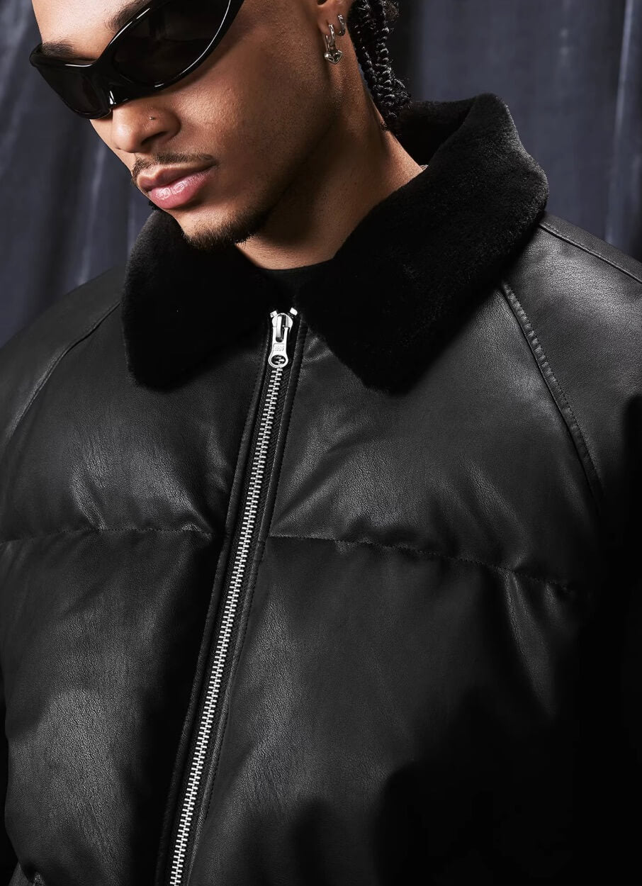 1807 Fur Collar PU Leather Down Jacket