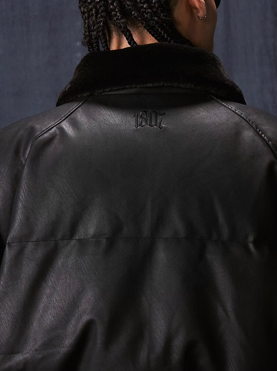 1807 Fur Collar PU Leather Down Jacket