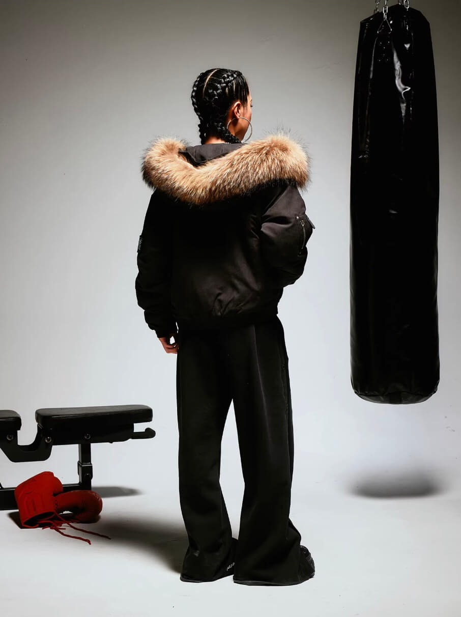 1807 Faux Fur Hood Trim Bomber Jacket