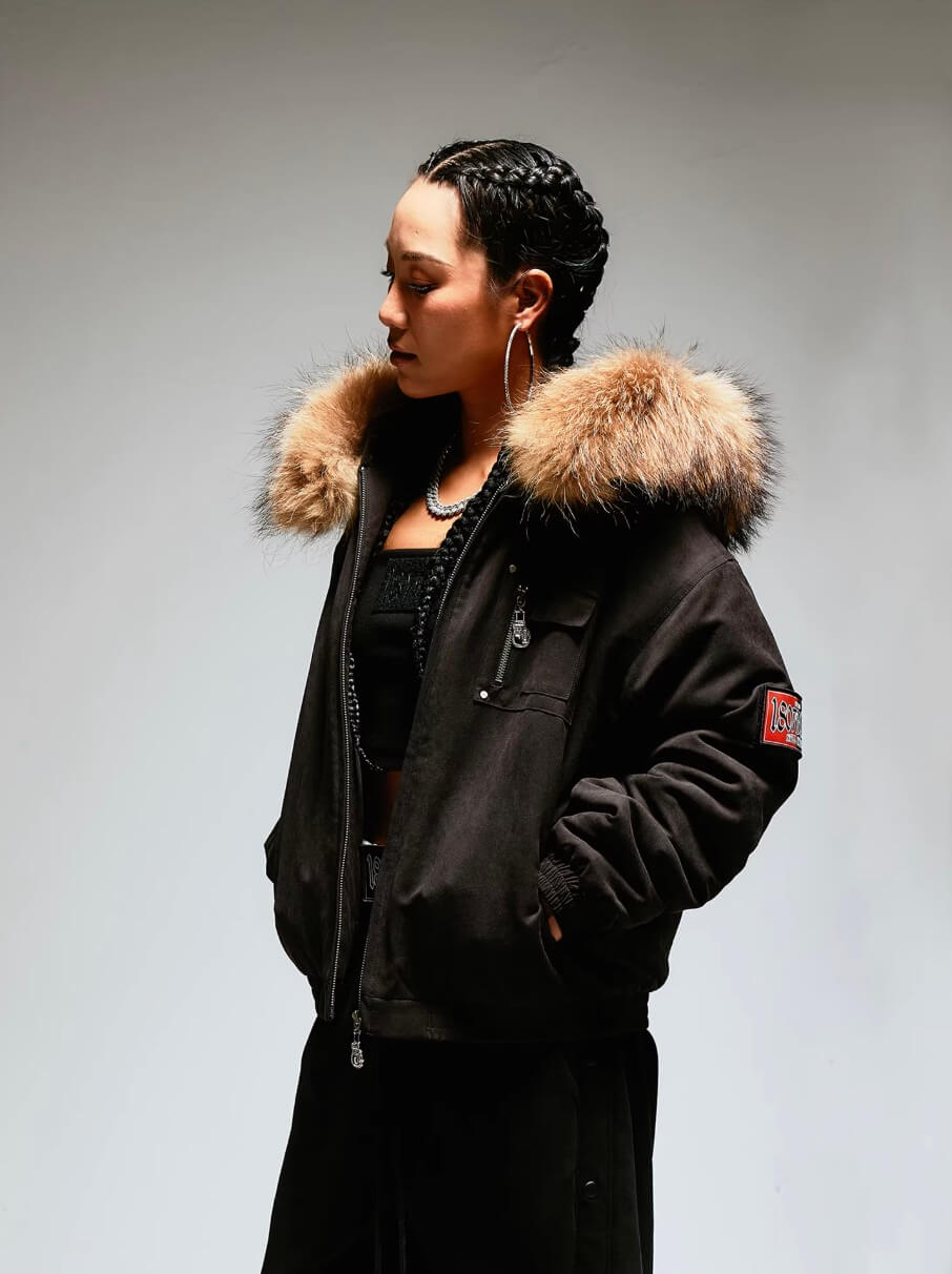 1807 Faux Fur Hood Trim Bomber Jacket
