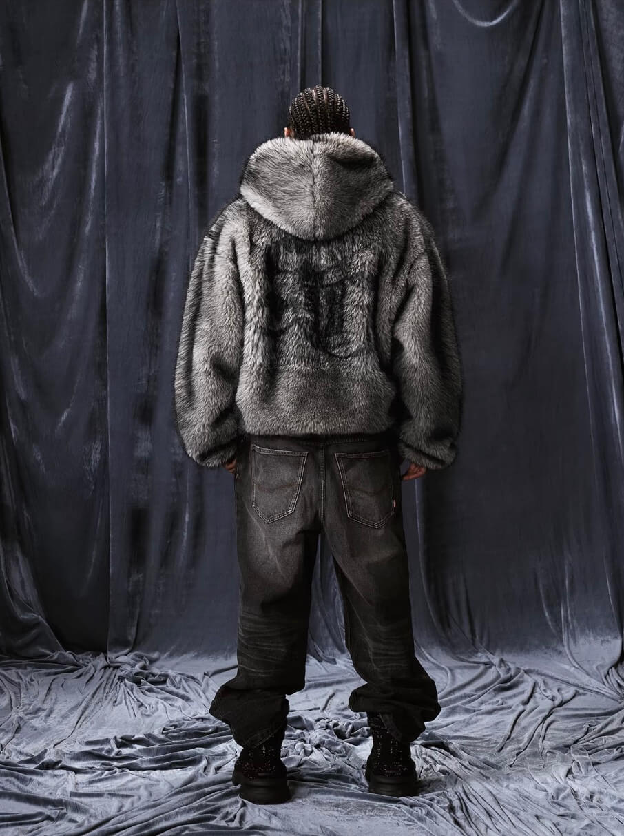 1807 Eco Faux Fur Digital Print Hooded Jacket