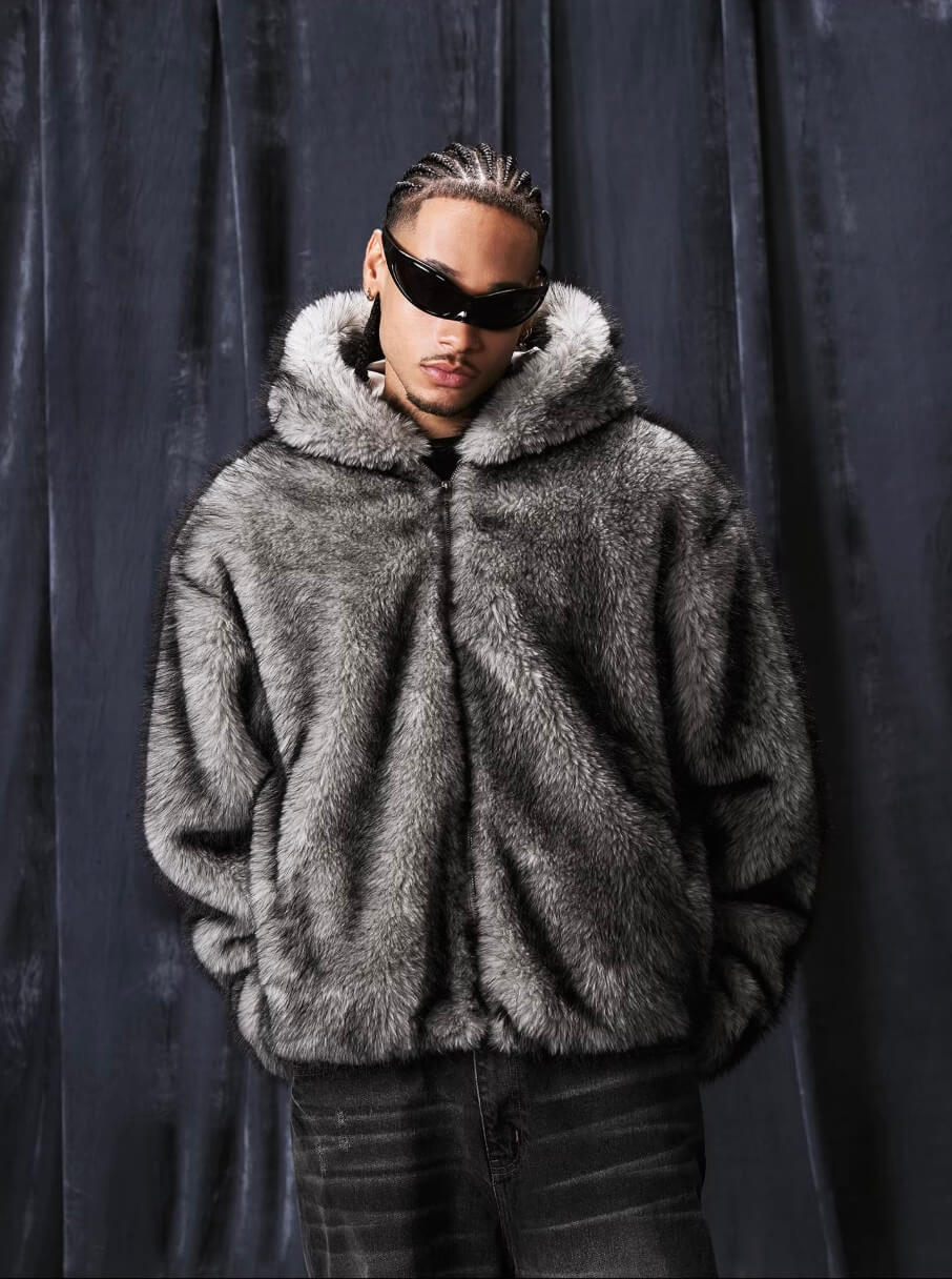 1807 Eco Faux Fur Digital Print Hooded Jacket