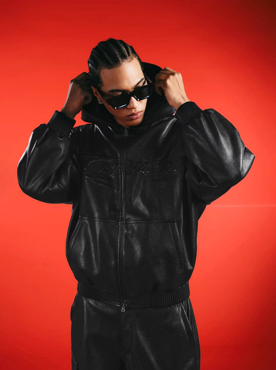 1807 Racing PU Leather Hooded Bomber Jacket