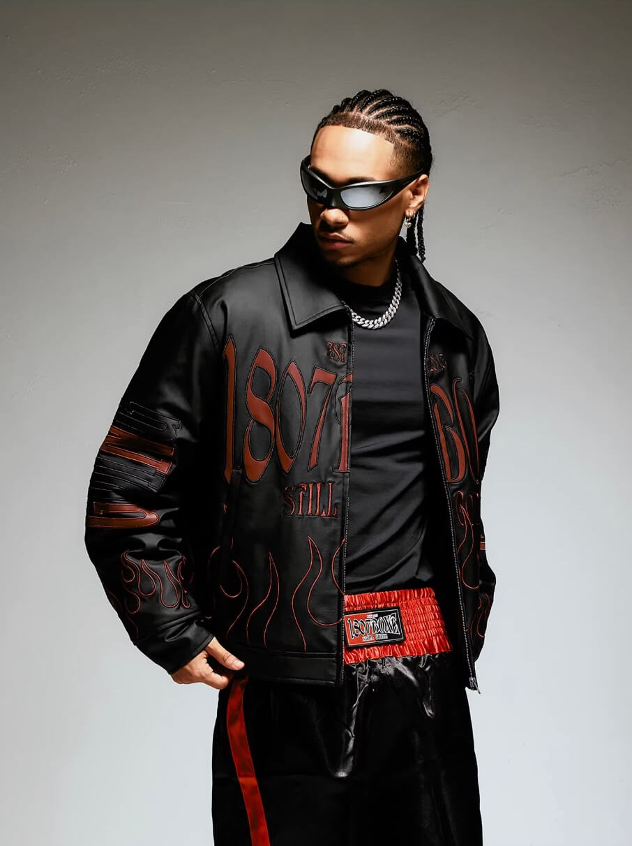 1807 Embroidered Patch PU Leather Racing Jacket