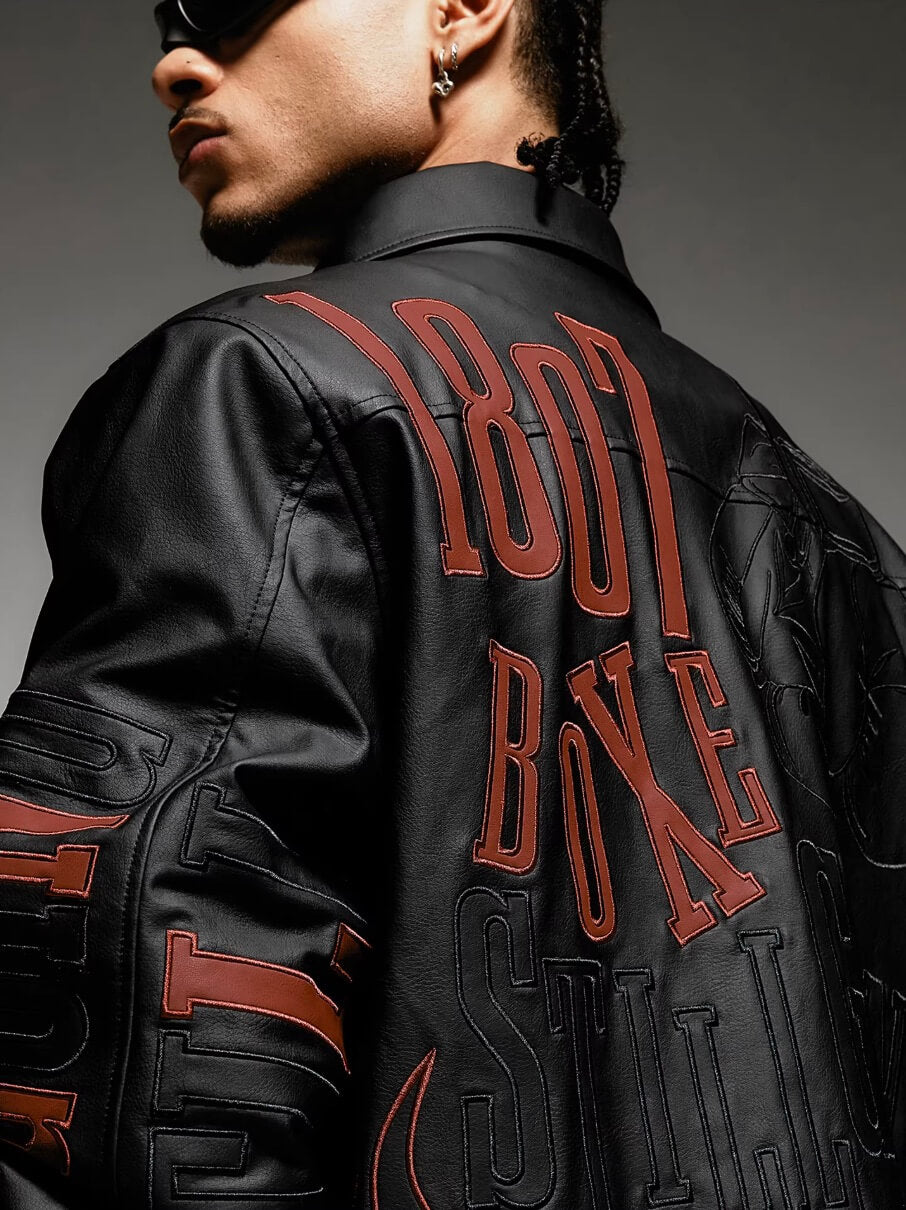 1807 Embroidered Patch PU Leather Racing Jacket