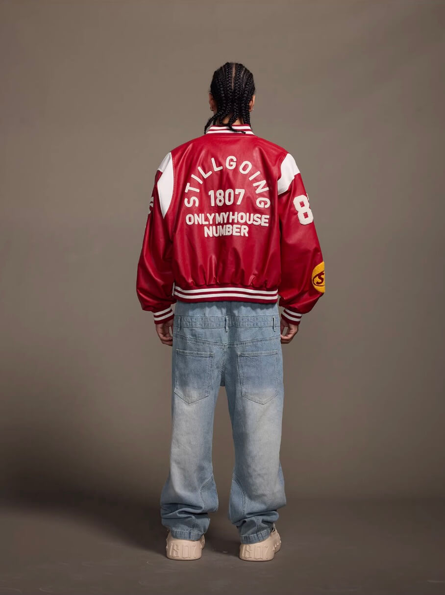 1807 PU Leather Patchwork Varsity Jacket